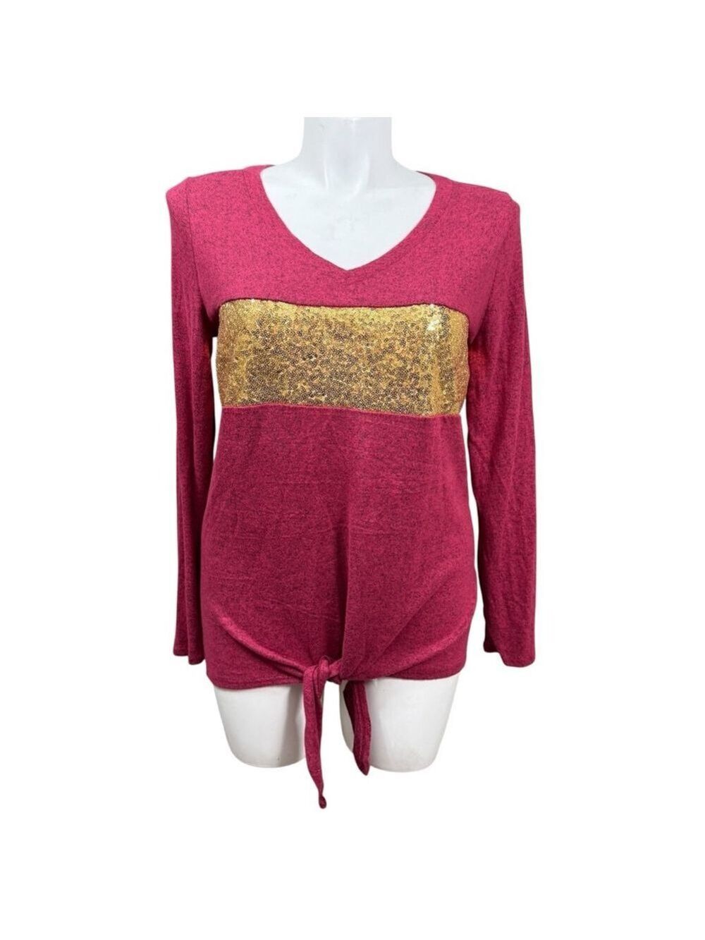 Bibi Sequin Stripe Tie Front Long Sleeve Top Medium Made In USA